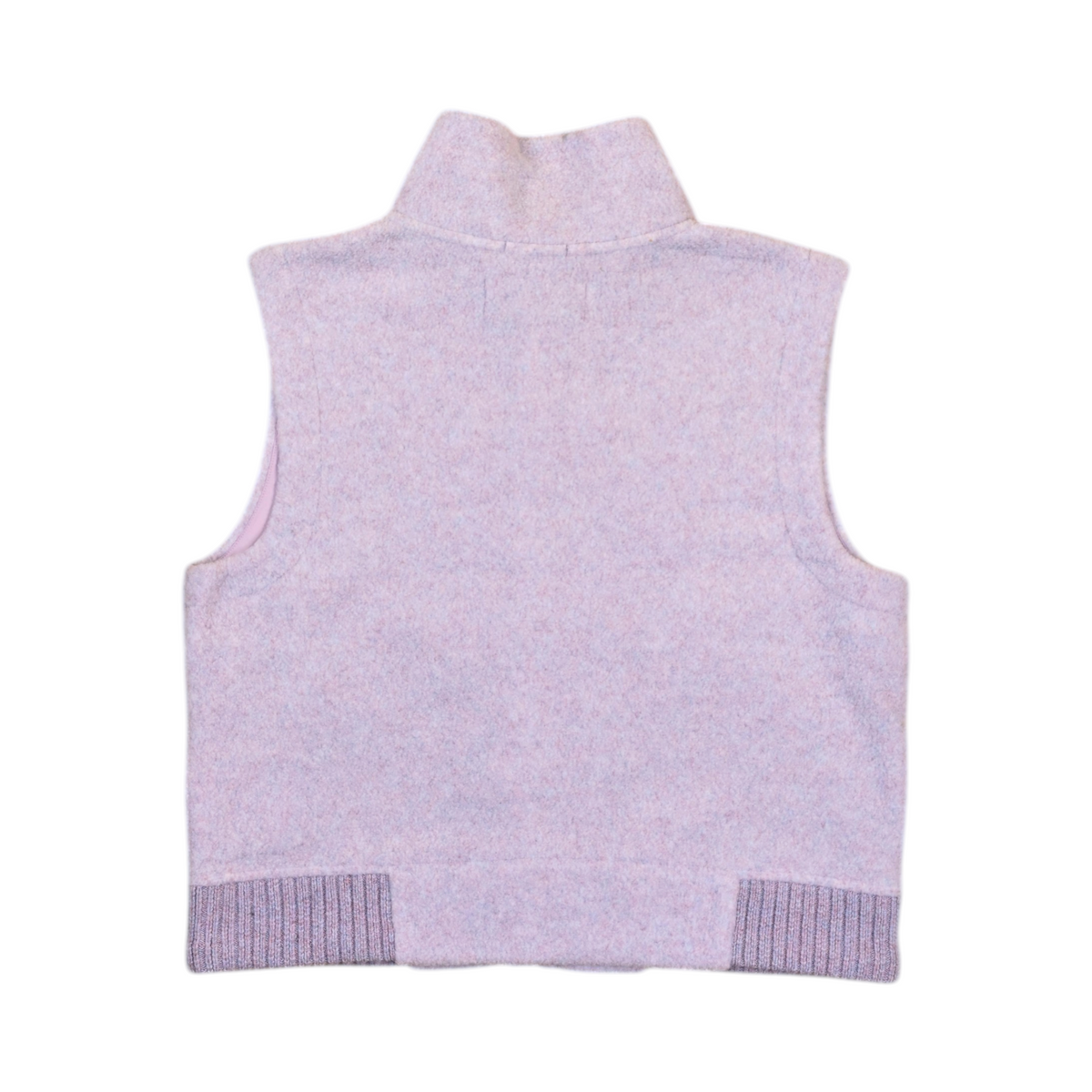 Back of a pale flecked lilac Smartwool fleece vest laid flat.