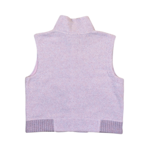 Back of a pale flecked lilac Smartwool fleece vest laid flat.