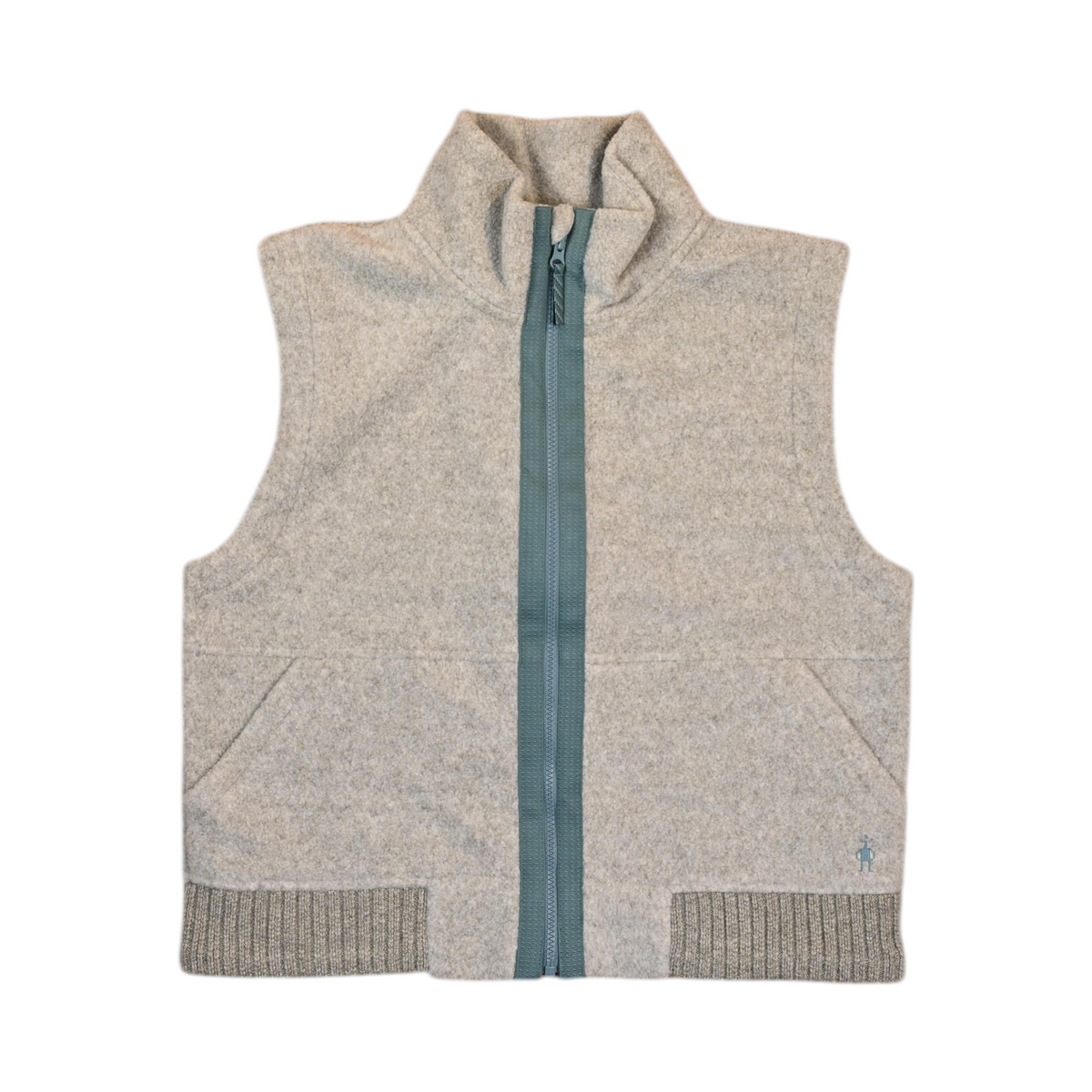 Light oatmeal-grey Smartwool fleece vest laid flat, showing the teal-green zip trim.