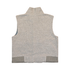 Back of a light oatmeal-grey Smartwool fleece vest laid flat.