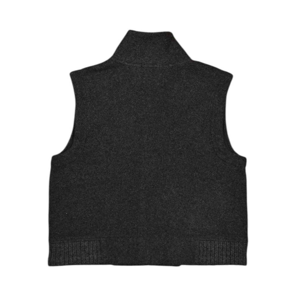 Back of a charcoal Smartwool fleece vest laid flat.