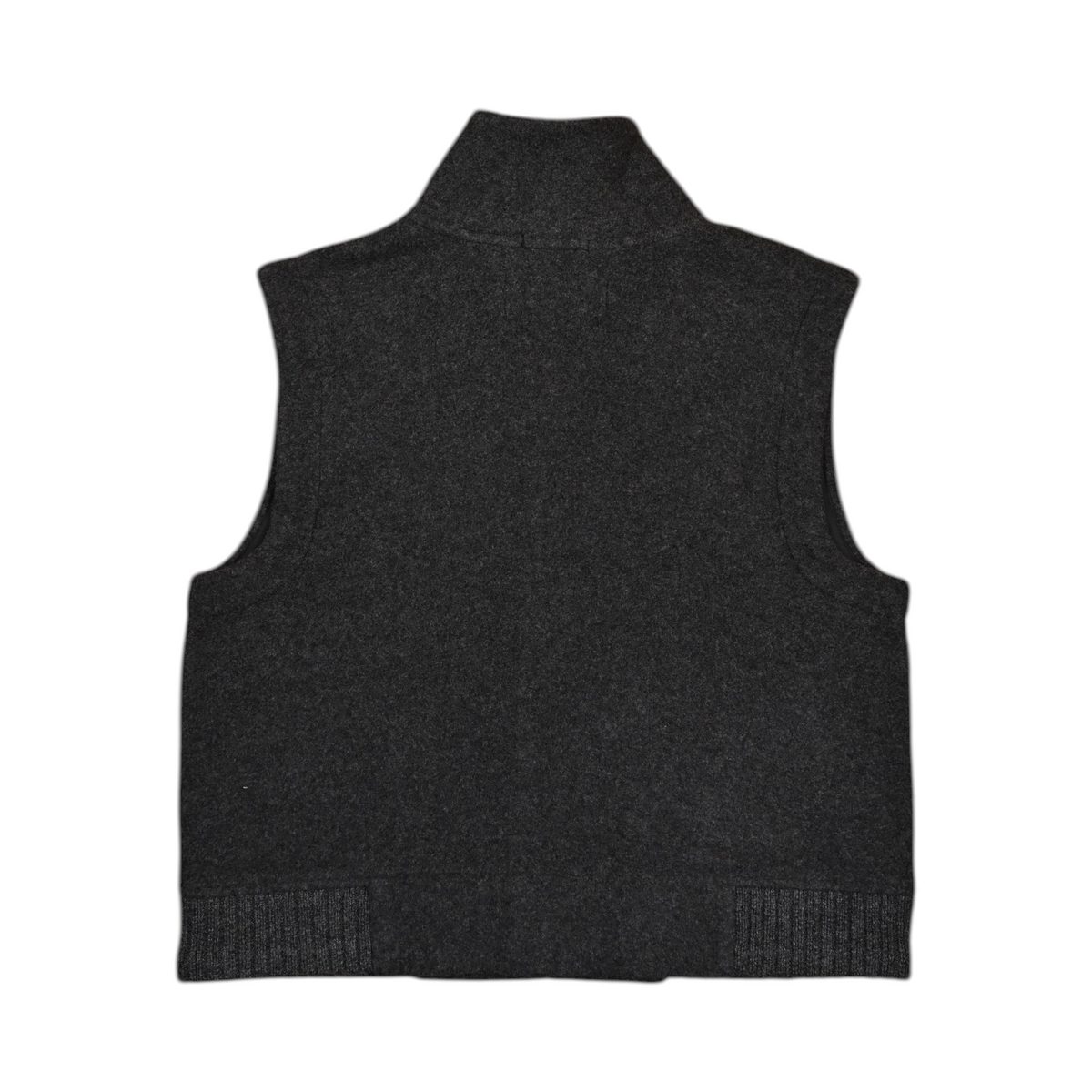 Back of a charcoal Smartwool fleece vest laid flat.