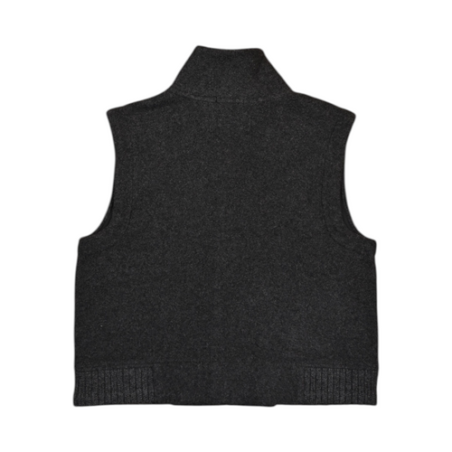 Back of a charcoal Smartwool fleece vest laid flat.