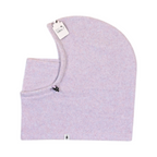 Pale flecked lilac Smartwool fleece hood, side view showing the face opening and bungee cord.