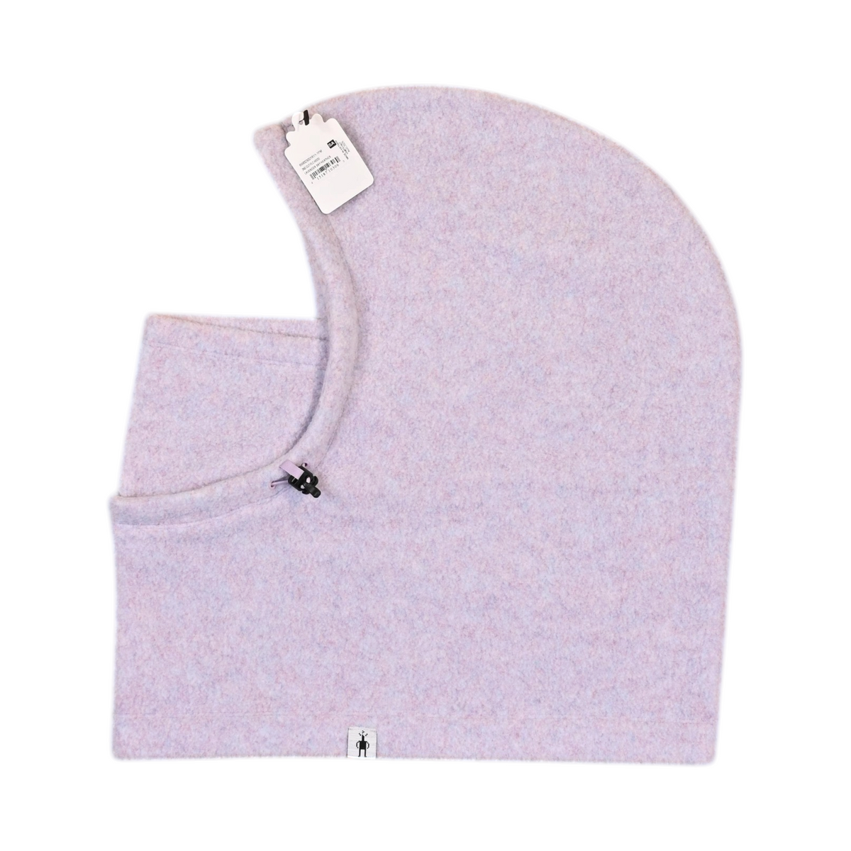 Pale flecked lilac Smartwool fleece hood, side view showing the face opening and bungee cord.