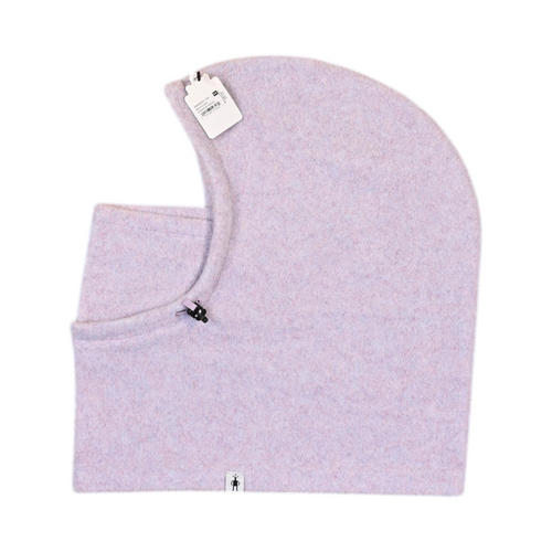 Pale flecked lilac Smartwool fleece hood, side view showing the face opening and bungee cord.