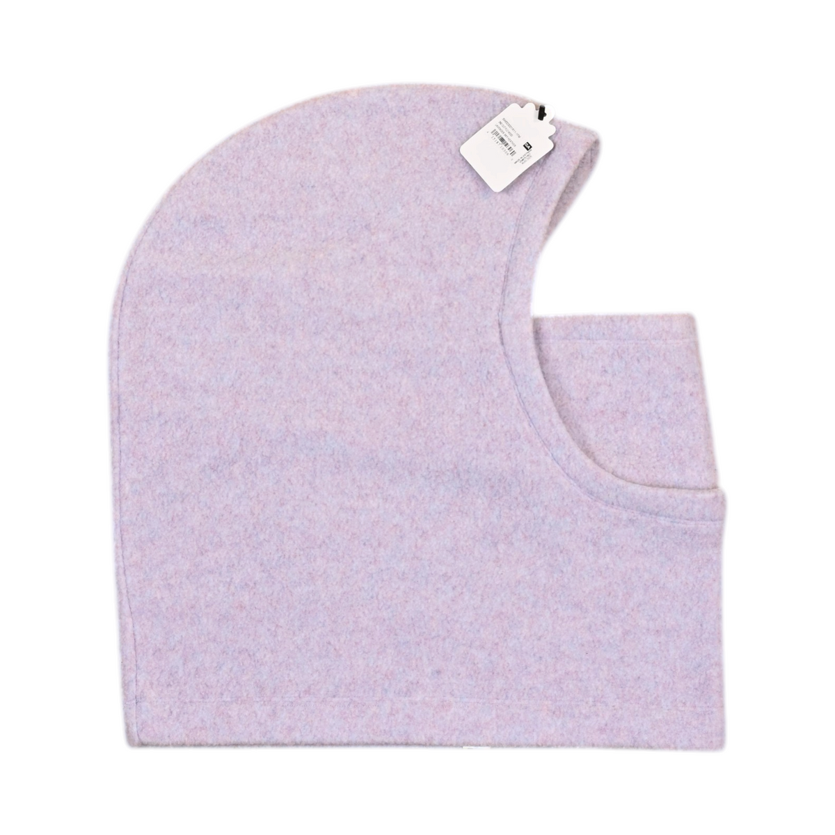 Detail view of a pale flecked lilac Smartwool fleece hood.