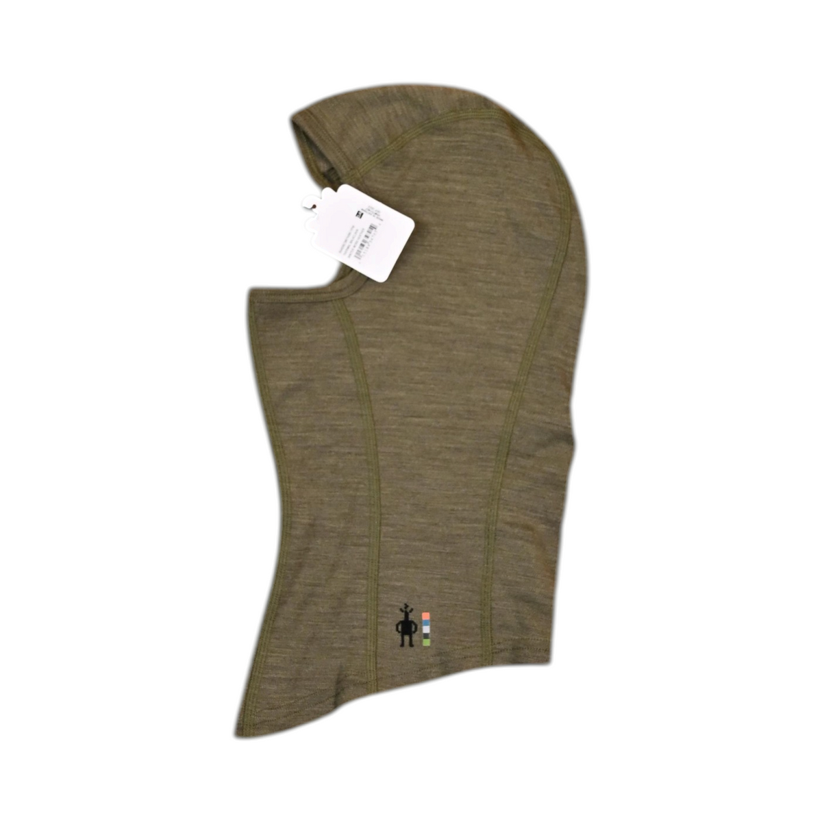 Heathered olive green Smartwool balaclava, side view.