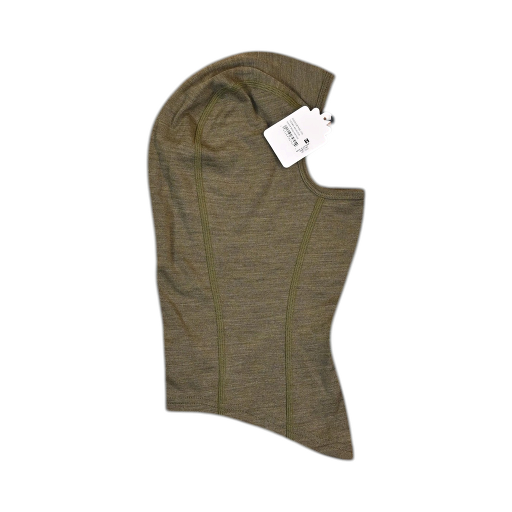 Detail view of a heathered olive green Smartwool balaclava.