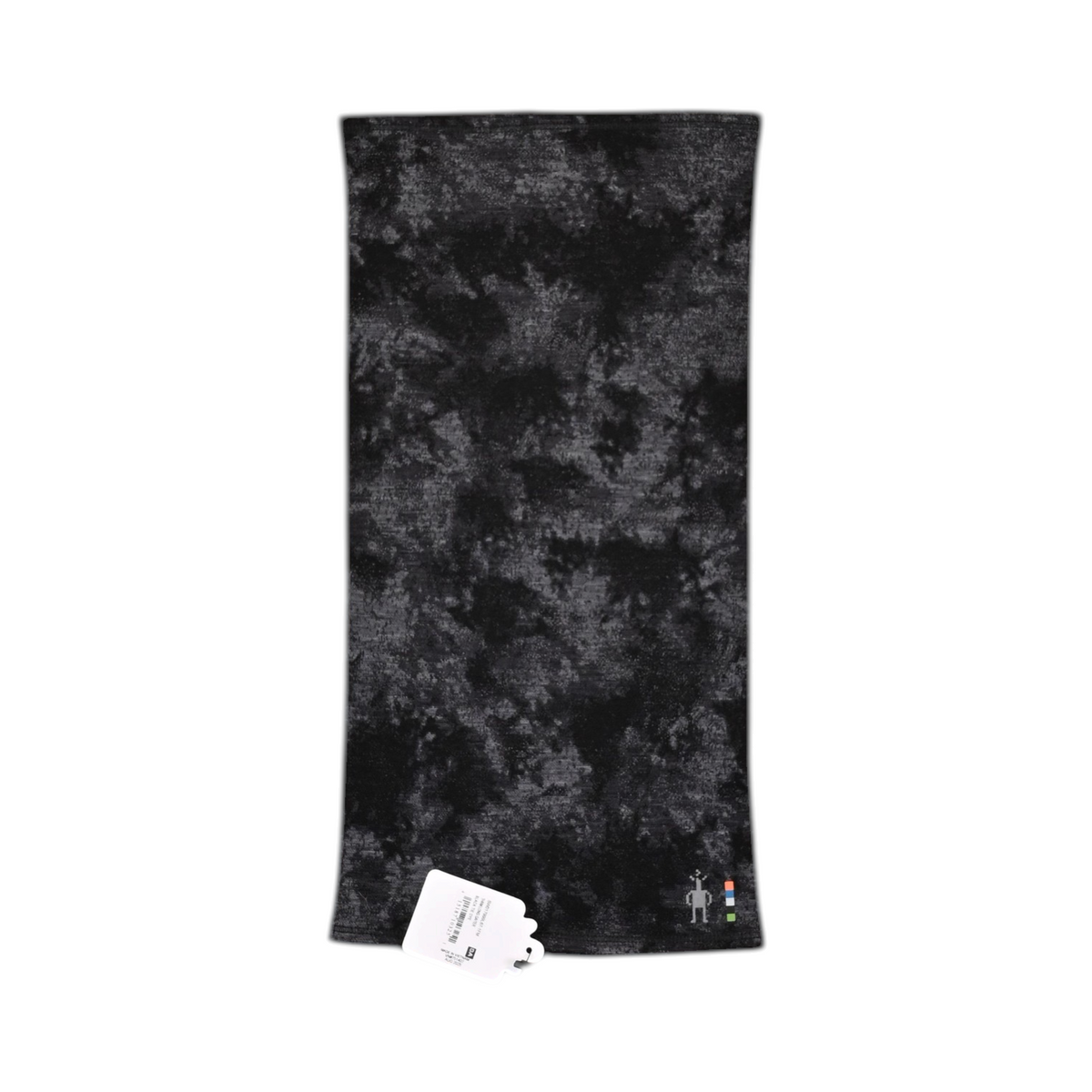 Black and charcoal tie-dye print Smartwool neck gaiter laid flat.