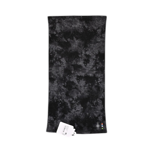 Black and charcoal tie-dye print Smartwool neck gaiter laid flat.