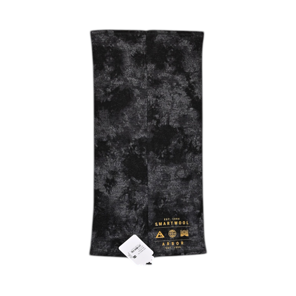 Detail view of a black and charcoal tie-dye print Smartwool neck gaiter.