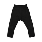 Black 3/4-length baselayer pants by Smartwool, detail view of the mesh knee panel.