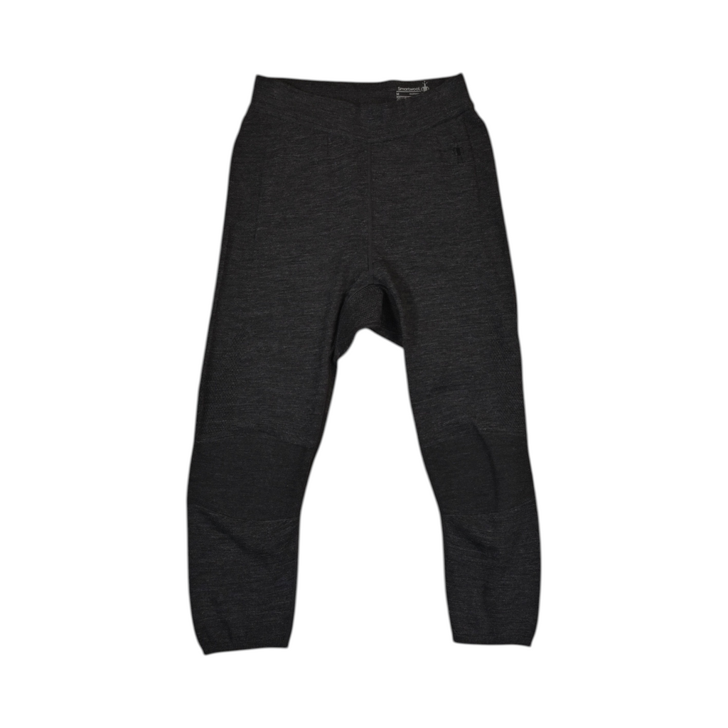 Grey heather 3/4-length baselayer pants by Smartwool, laid flat showing the calf-length hem.
