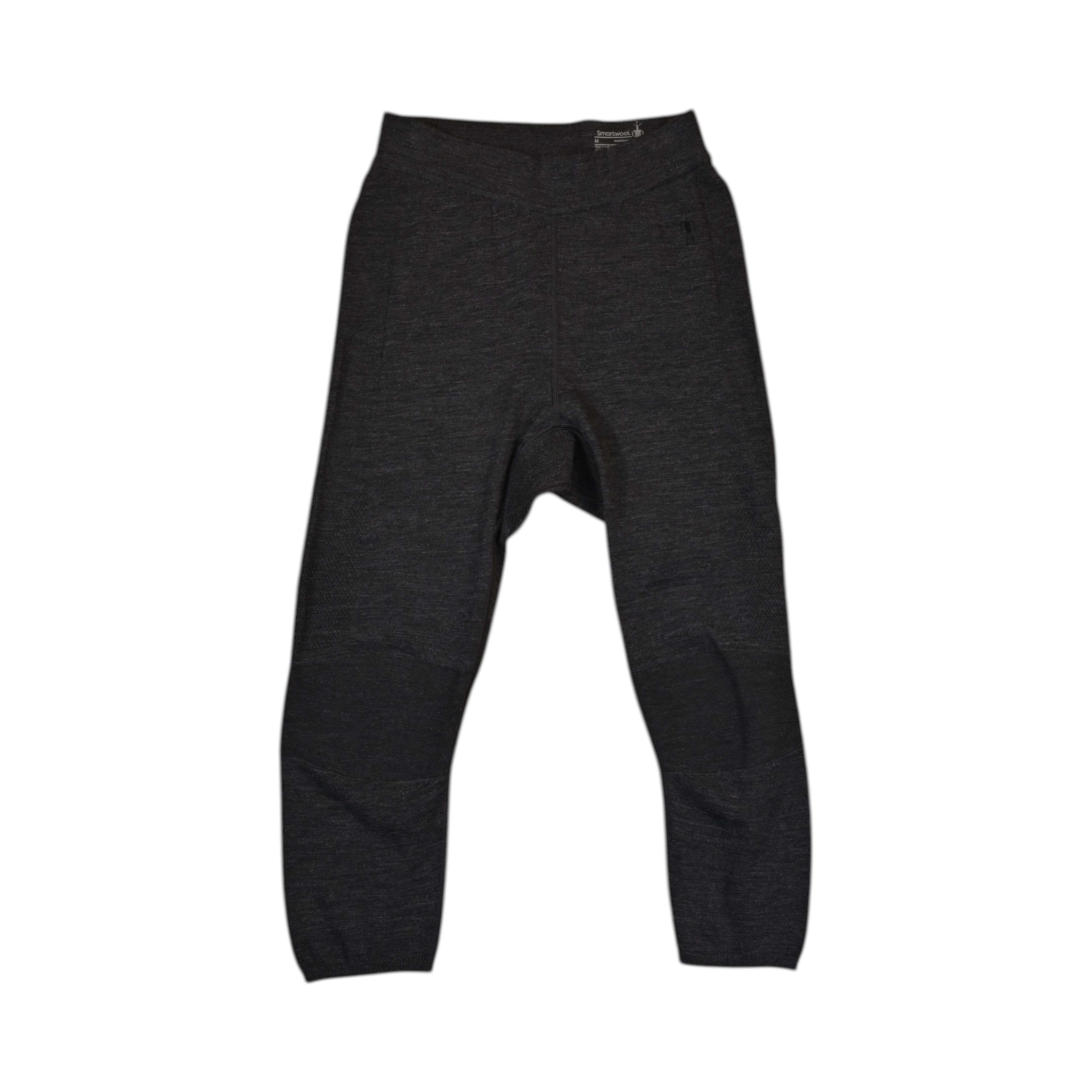Grey heather 3/4-length baselayer pants by Smartwool, laid flat showing the calf-length hem.