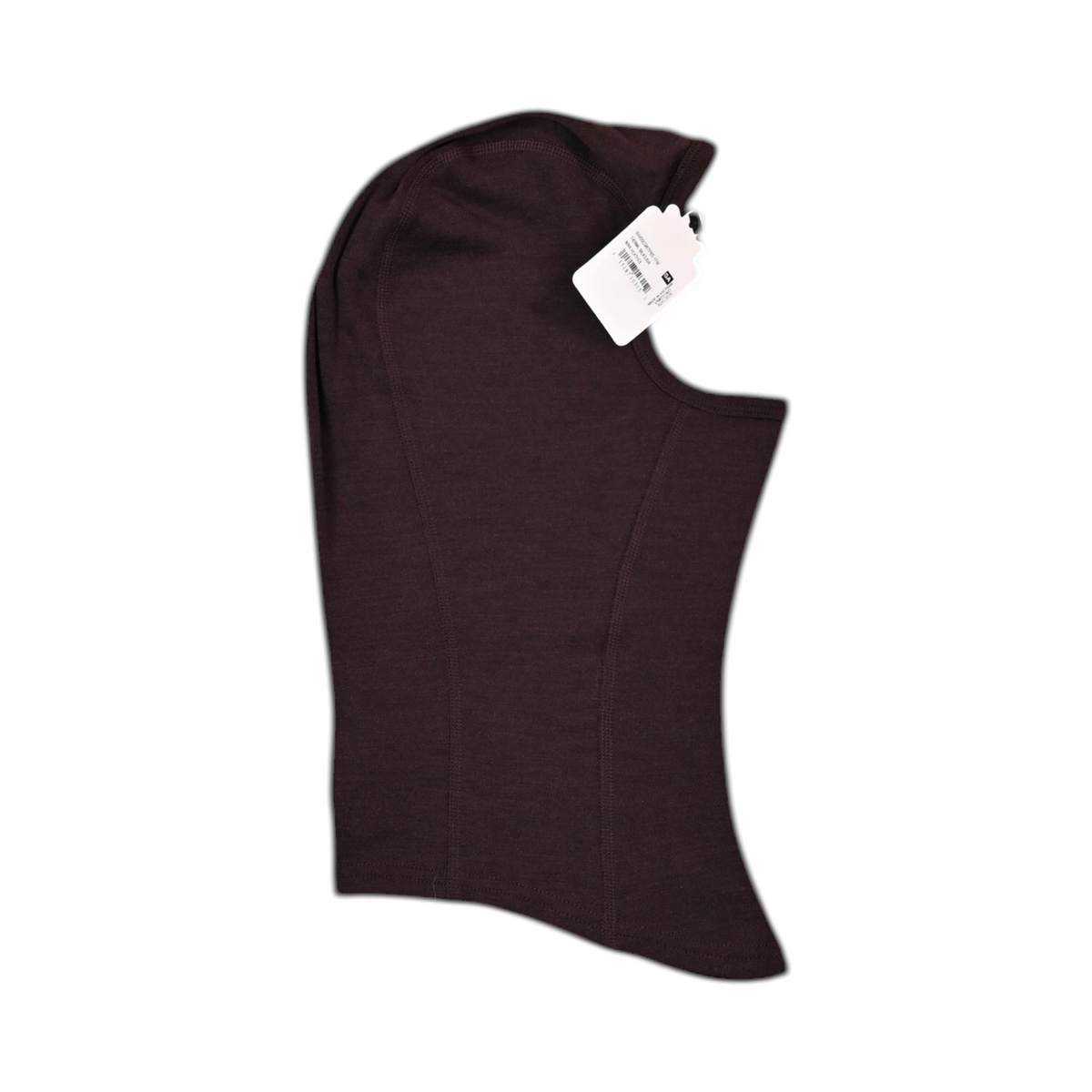 Detail view of a deep burgundy-brown Smartwool balaclava.