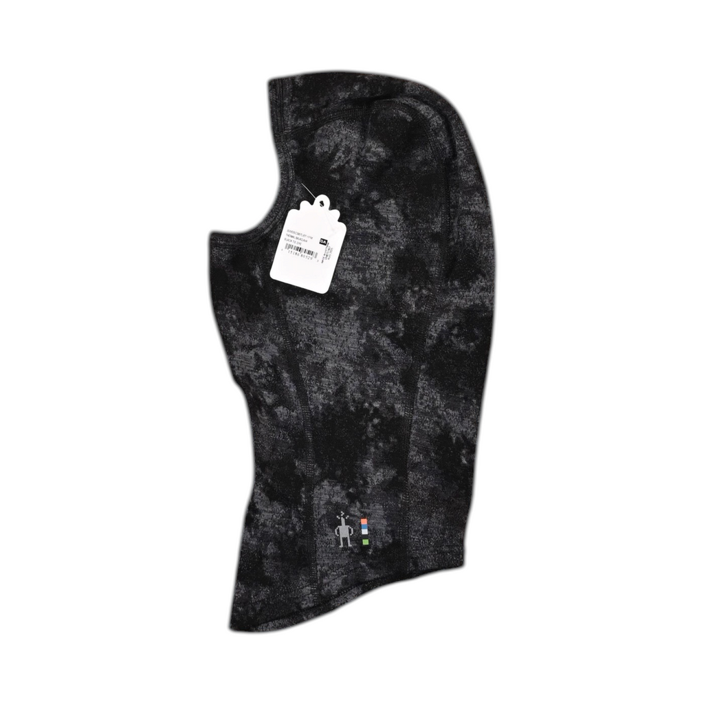 Black and charcoal tie-dye print Smartwool balaclava, side view.