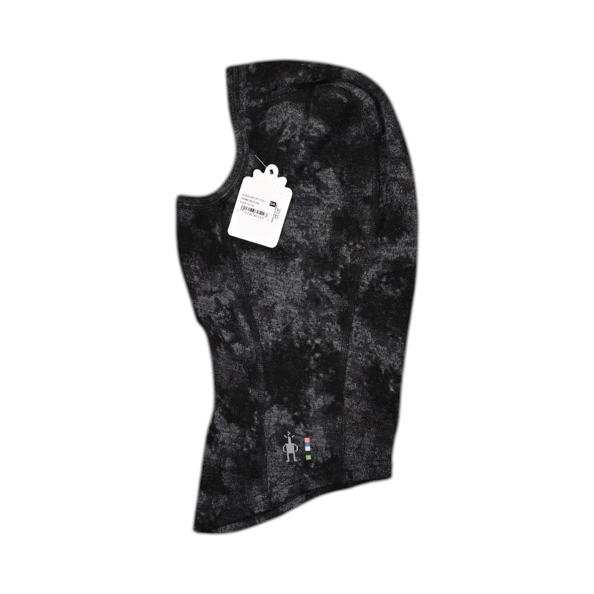 Black and charcoal tie-dye print Smartwool balaclava, side view.