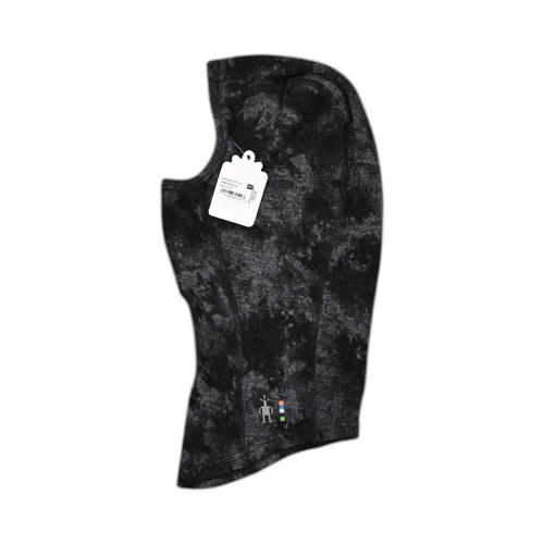 Black and charcoal tie-dye print Smartwool balaclava, side view.