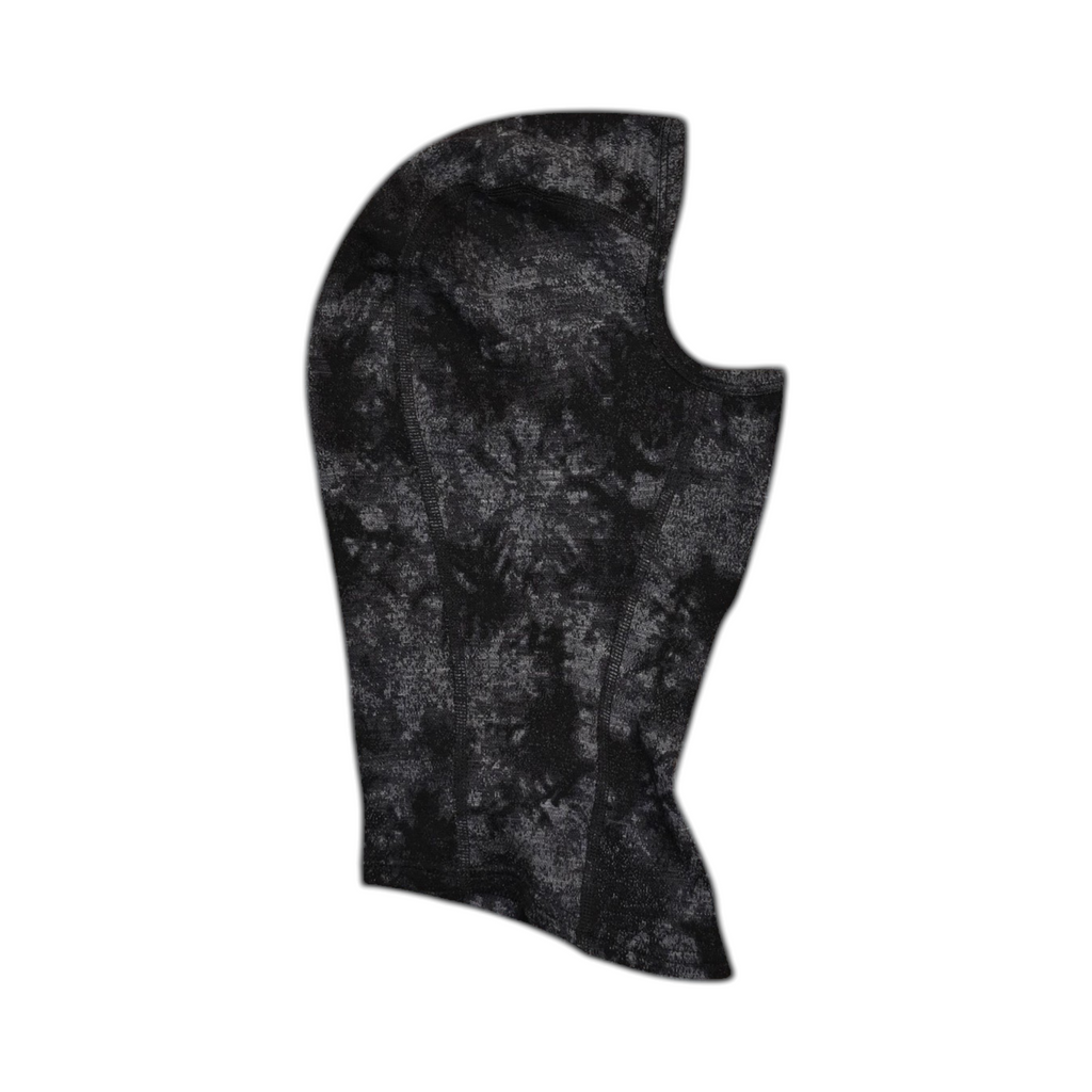 Detail view of a black and charcoal tie-dye print Smartwool balaclava.