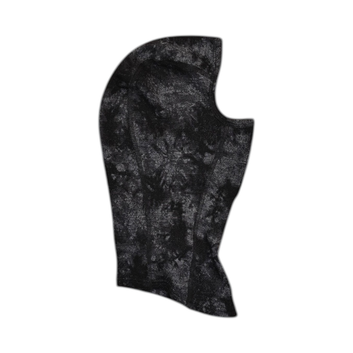 Detail view of a black and charcoal tie-dye print Smartwool balaclava.