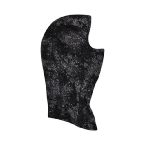 Detail view of a black and charcoal tie-dye print Smartwool balaclava.