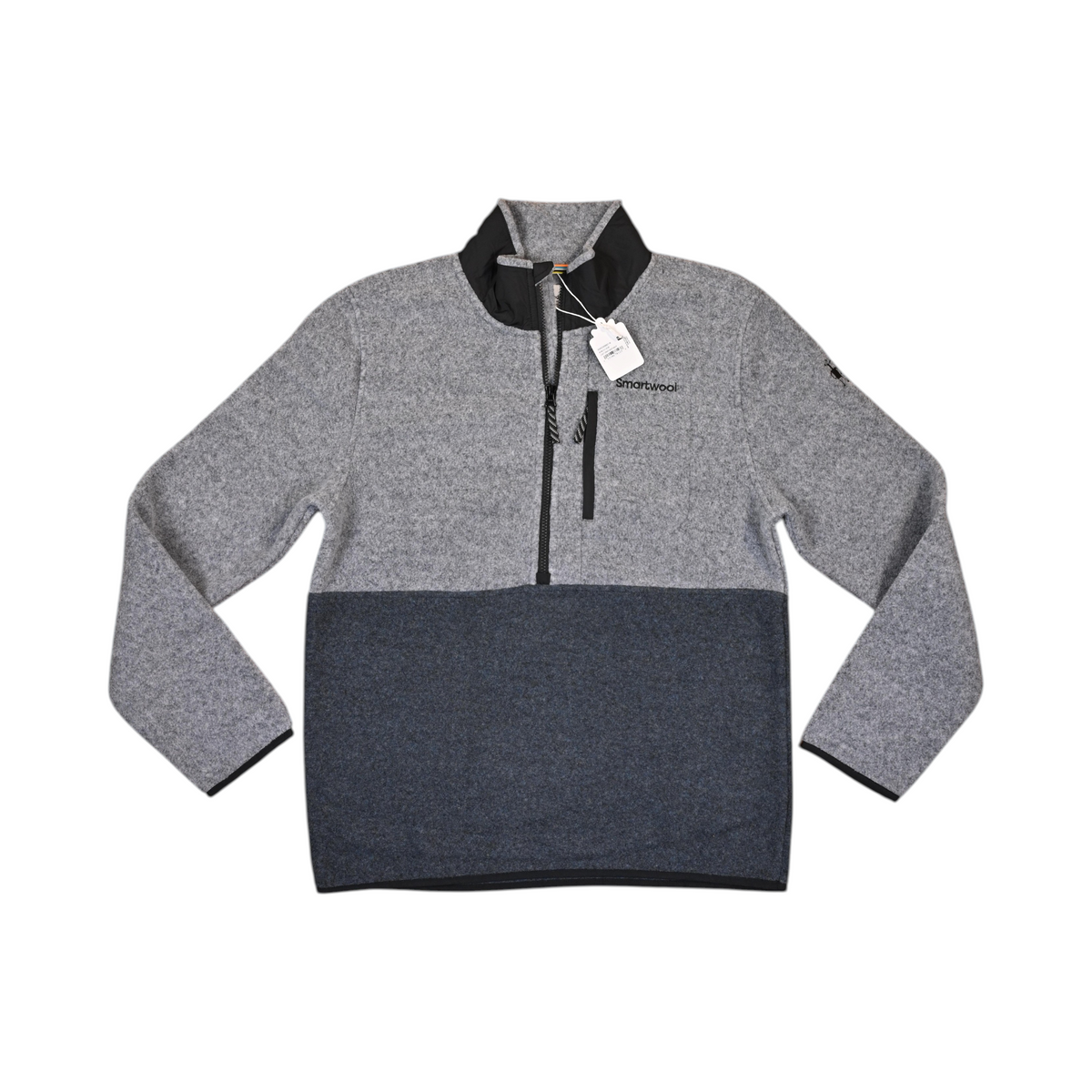 Grey and navy colorblock Smartwool fleece quarter-zip laid flat.
