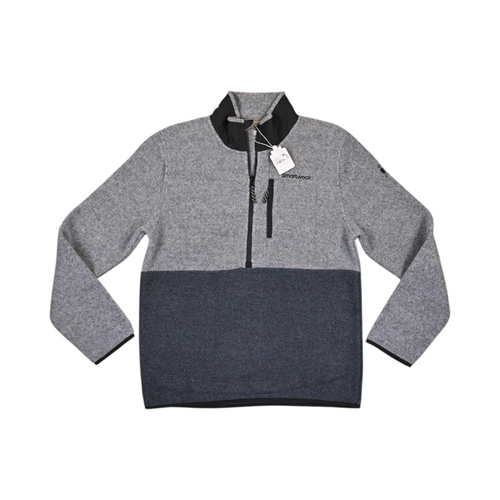 Grey and navy colorblock Smartwool fleece quarter-zip laid flat.