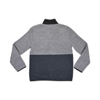 Back of a grey and navy colorblock Smartwool fleece quarter-zip laid flat.