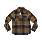 Olive-gold and black plaid Smartwool shirt jacket laid flat, showing the snap-button chest pockets.