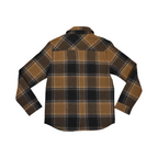 Back of an olive-gold and black plaid Smartwool shirt jacket laid flat.
