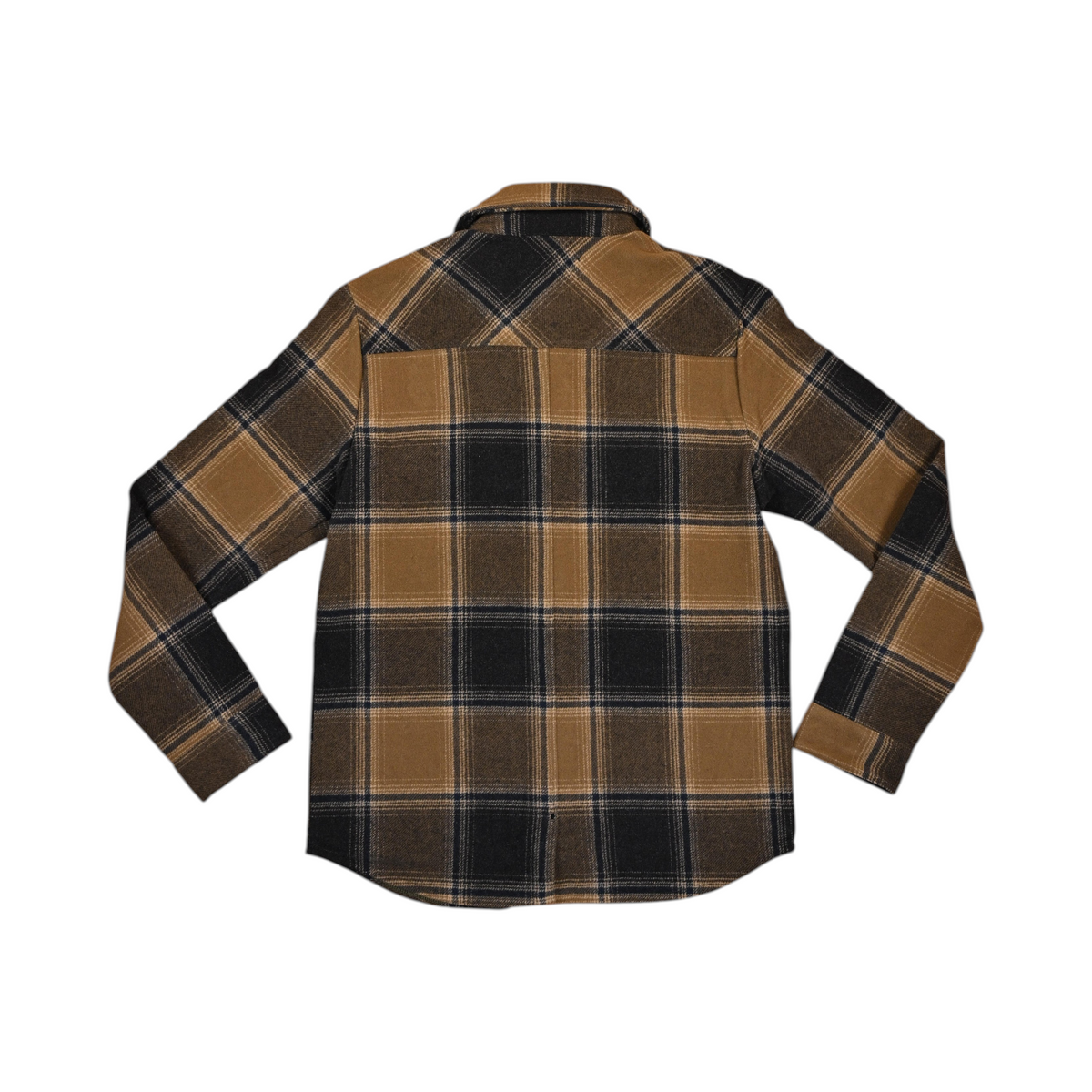 Back of an olive-gold and black plaid Smartwool shirt jacket laid flat.
