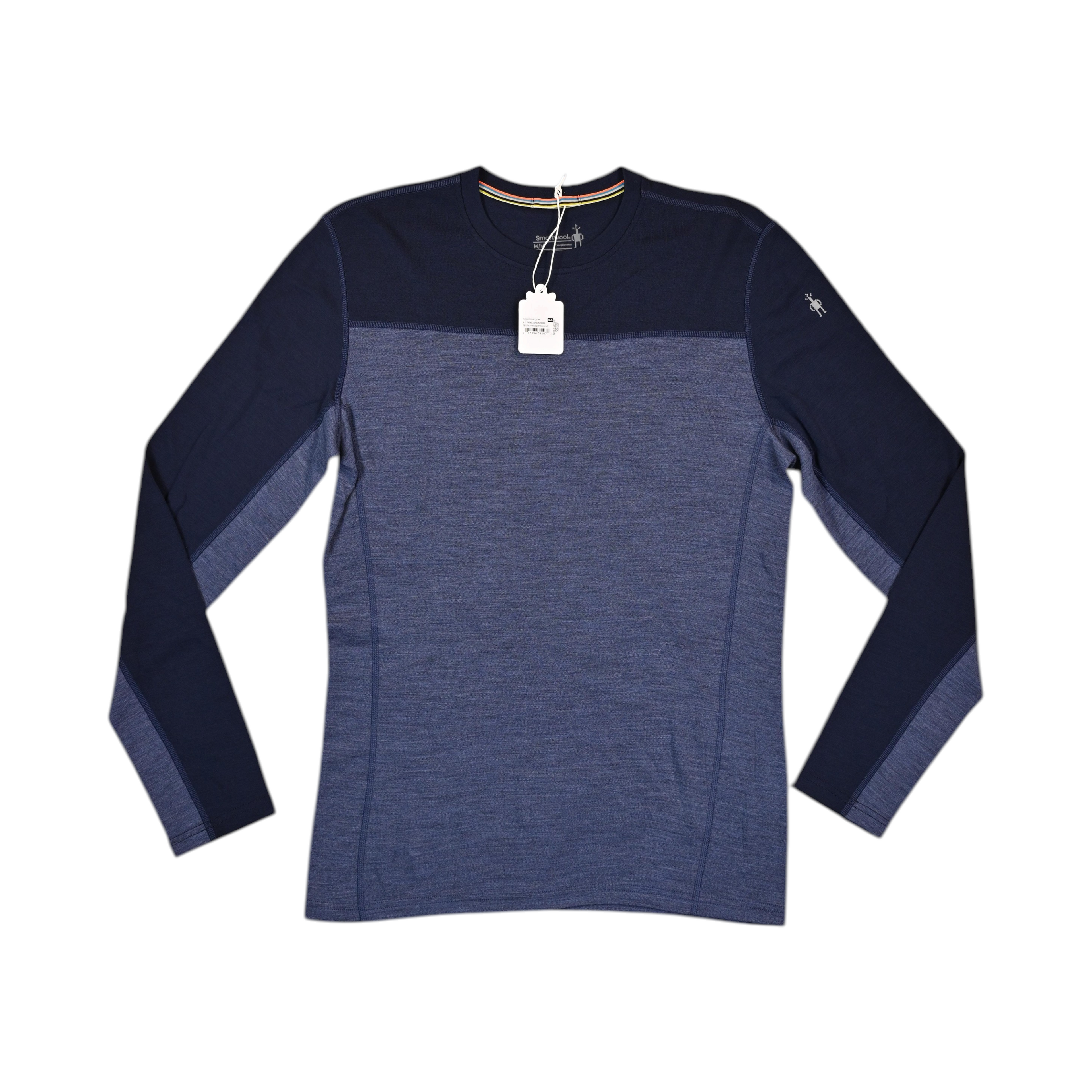 Colorblock baselayer crew by Smartwool in navy and heathered blue, laid flat.