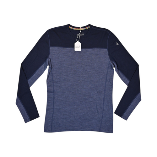Colorblock baselayer crew by Smartwool in navy and heathered blue, laid flat.