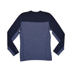 Colorblock baselayer crew by Smartwool in navy and heathered blue, back view.