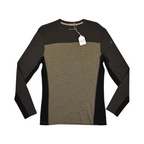 Colorblock baselayer crew by Smartwool with charcoal shoulders, olive body, and black side panels, laid flat.