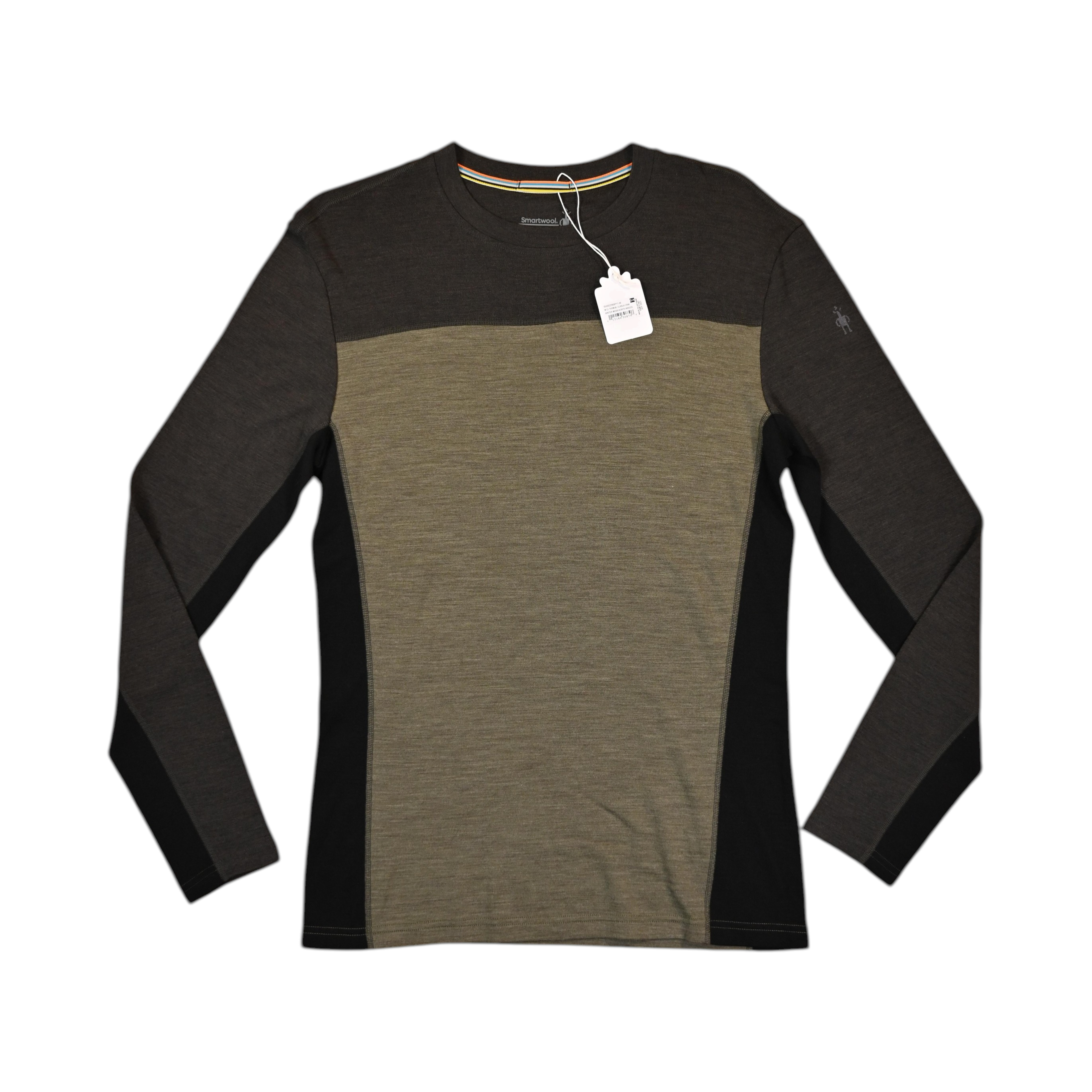 Colorblock baselayer crew by Smartwool with charcoal shoulders, olive body, and black side panels, laid flat.