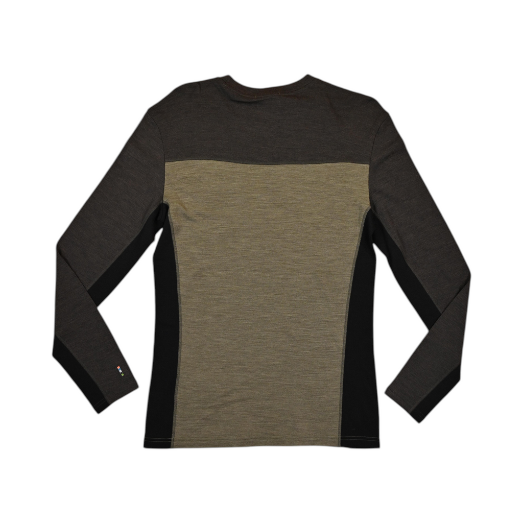 Colorblock baselayer crew by Smartwool with charcoal shoulders, olive body, and black side panels, back view.