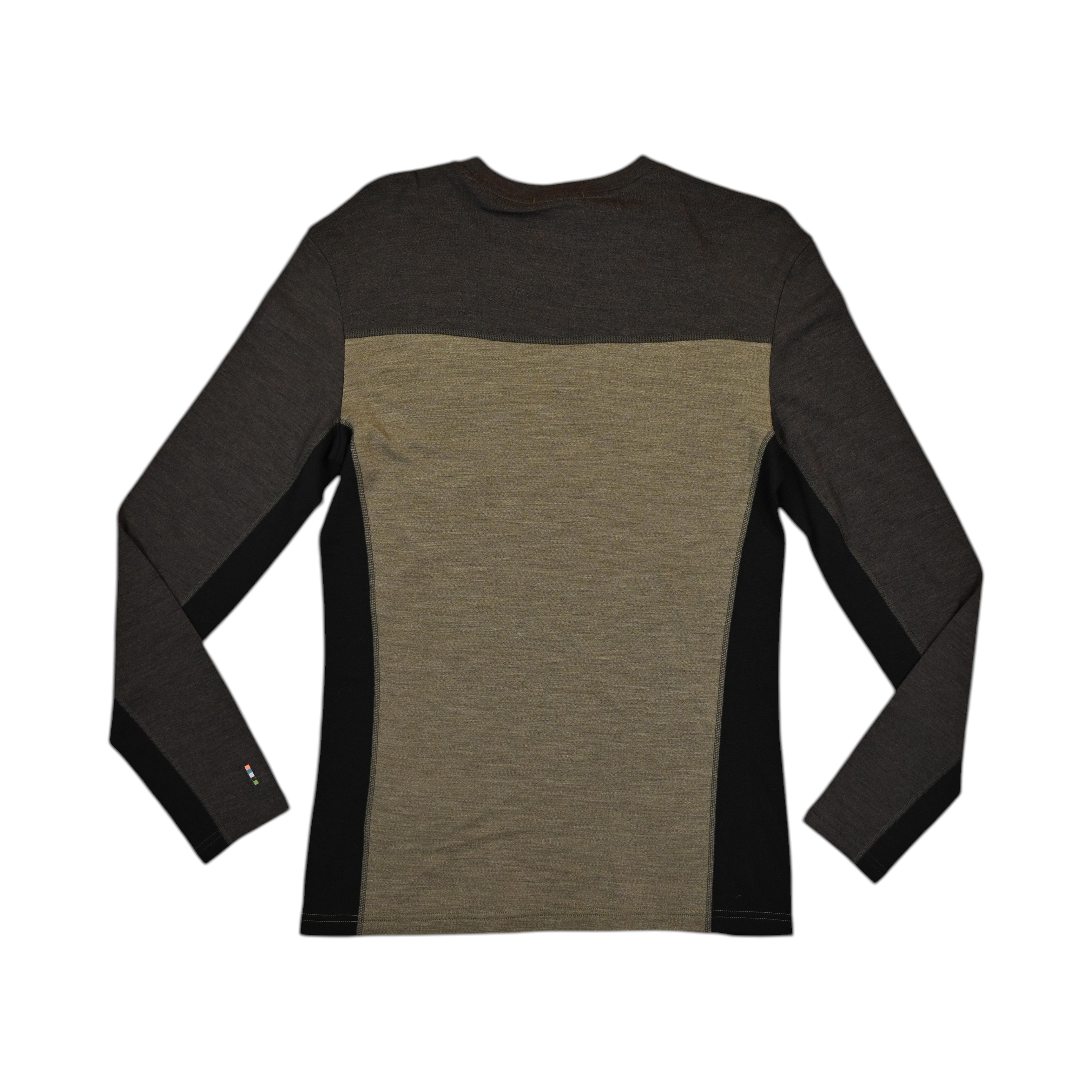 Colorblock baselayer crew by Smartwool with charcoal shoulders, olive body, and black side panels, back view.