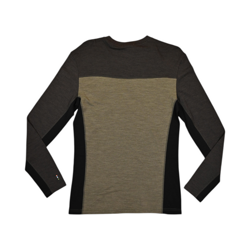 Colorblock baselayer crew by Smartwool with charcoal shoulders, olive body, and black side panels, back view.