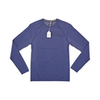 Heathered navy blue crew neck baselayer by Smartwool, laid flat with hangtag attached.