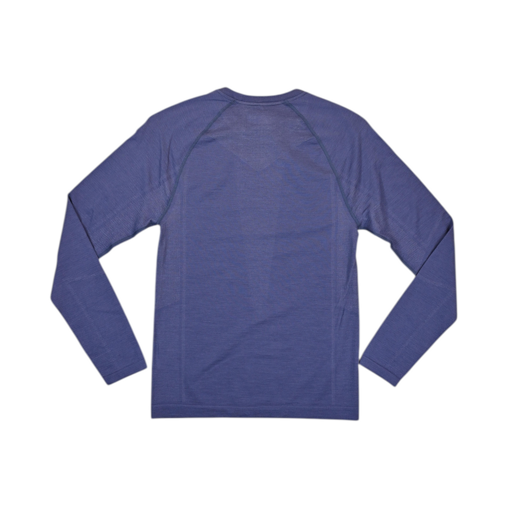 Heathered navy blue crew neck baselayer by Smartwool, back view.