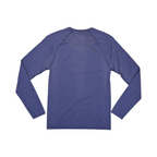 Heathered navy blue crew neck baselayer by Smartwool, back view.