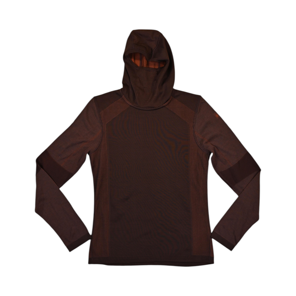 Dark brown-red hooded baselayer by Smartwool, front view with hood up and mesh face panel visible.