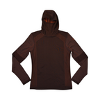 Dark brown-red hooded baselayer by Smartwool, front view with hood up and mesh face panel visible.