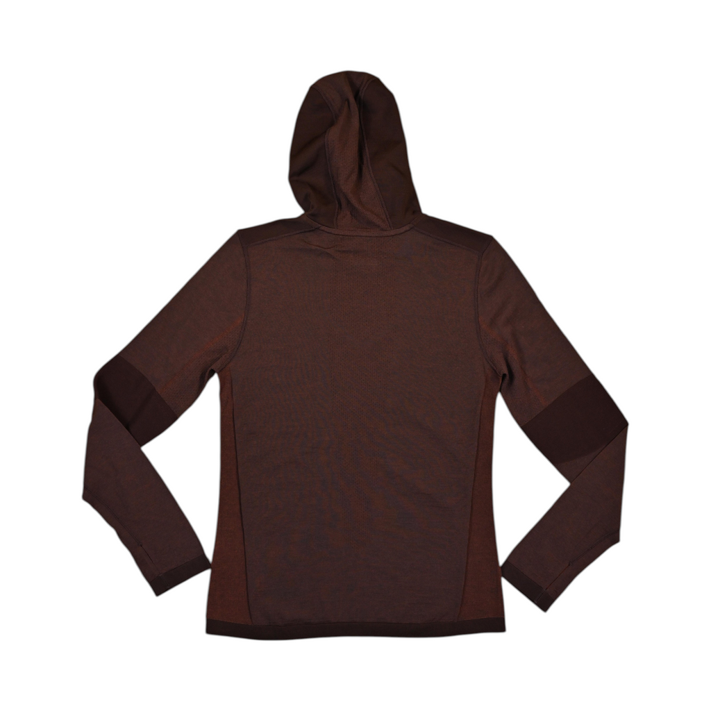Dark brown-red hooded baselayer by Smartwool, back view.