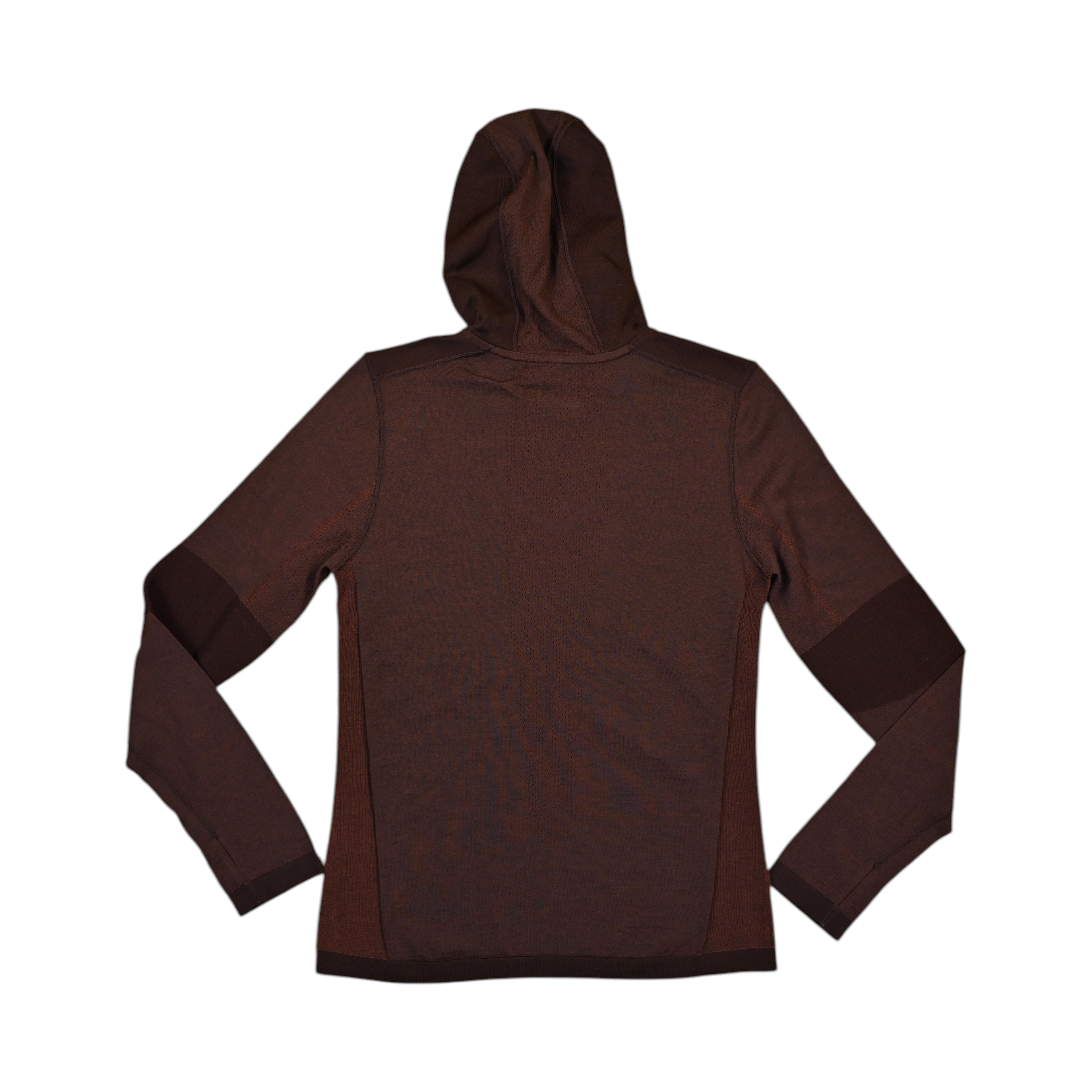 Dark brown-red hooded baselayer by Smartwool, back view.