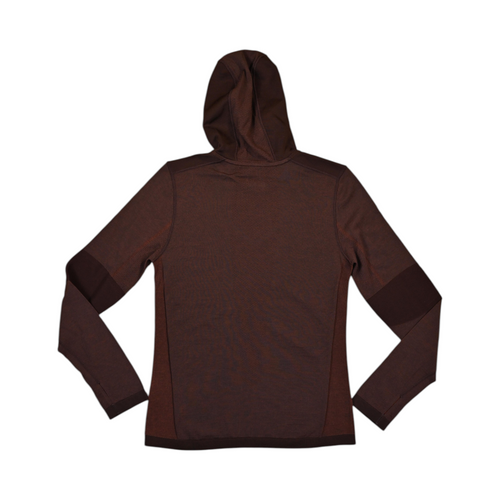 Dark brown-red hooded baselayer by Smartwool, back view.