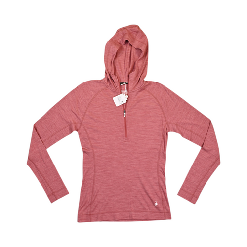 Heathered coral Smartwool half-zip hoodie laid flat, showing the hood.