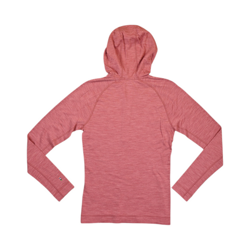 Back of a heathered coral Smartwool half-zip hoodie laid flat.